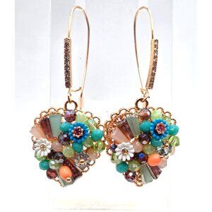 Gold-Plated Floral Beaded Heart Earrings With Rhinestones